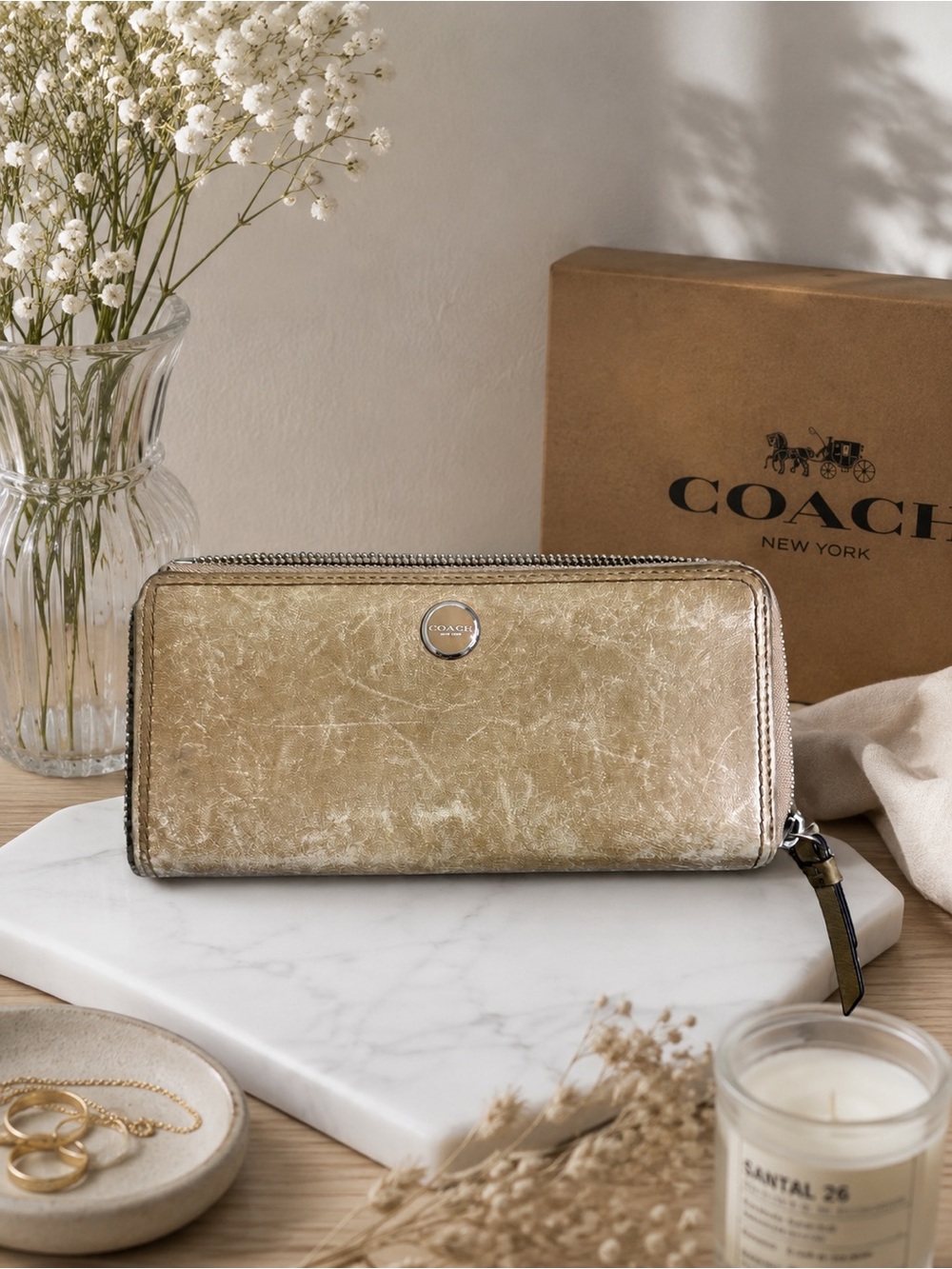 Coach Leather Zip Wallet in Light Tan with Silver Accent Y2K